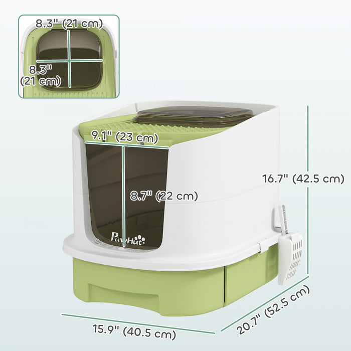 PawHut Cat Litter Box with Lid, Enclosed Kitty Litter Pen with Scoop, Top Entry, Deodorization Bags, Drawer Type Cat Litter Tray, Easy Cleaning, Green