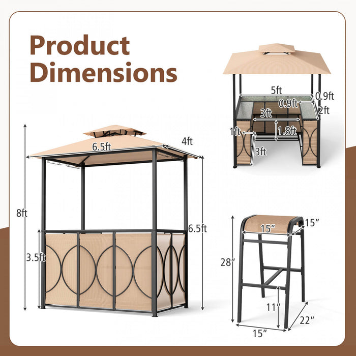 Costway 6.5 X 4 X 8 Ft Grill Gazebo Set With 2 Bar Stools, Tempered Glass Bar Table Brown