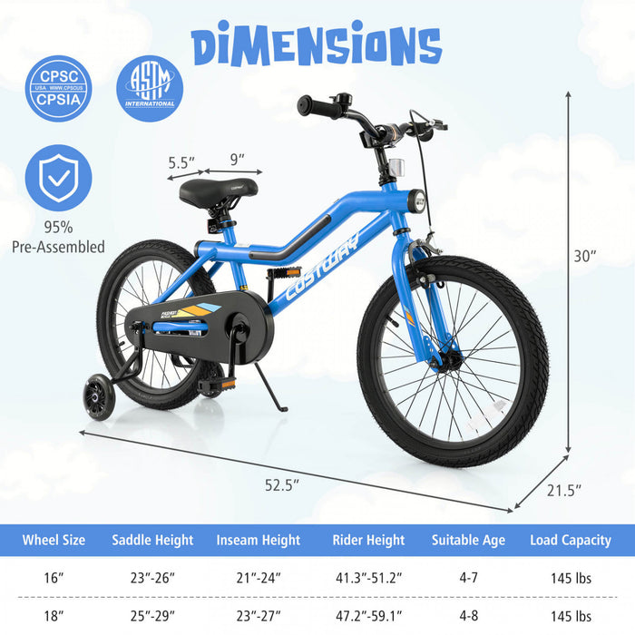 Costway 18\" Led Lighted Kids Bike With Adjustable Seat Coaster Brake Training Wheels Blue