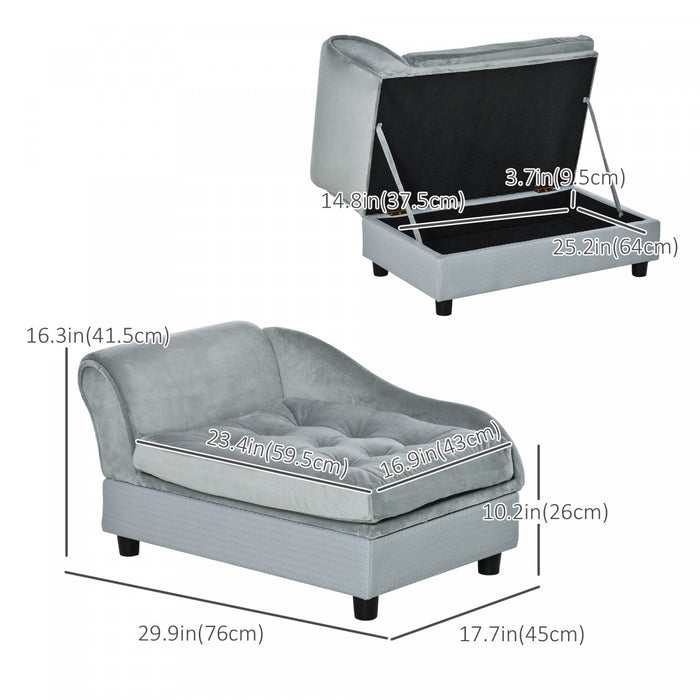 Pawhut Pet Sofa Dog Couch Chaise Lounge Pet Bed With Storage Function Small Sized Dog Various Cat Sponge Cushioned Bed Lounge, Light Grey