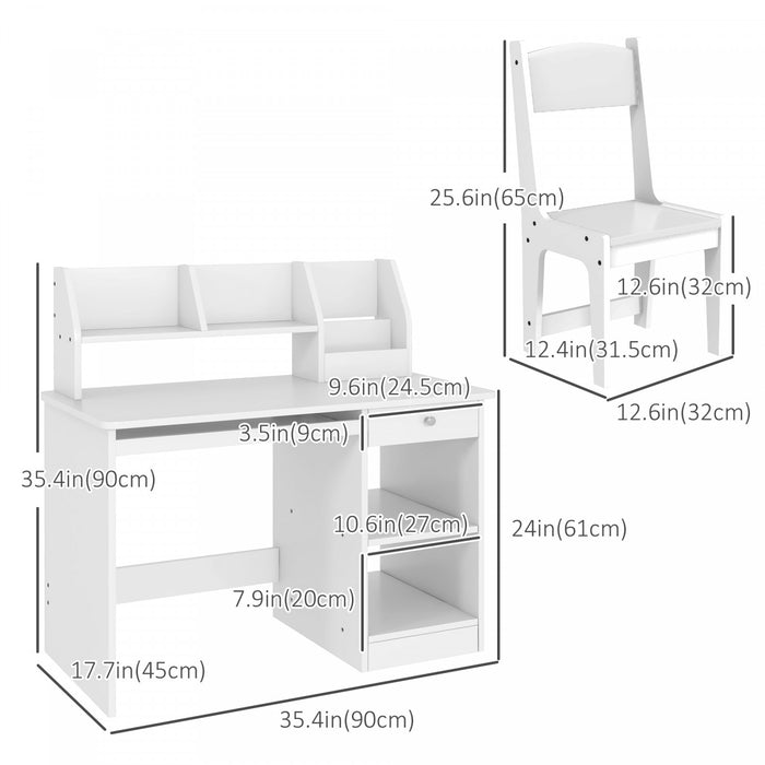 Qaba Kids Desk And Chair Set For 5-8 Year Old With Storage, Study Table And Chair For Children, White