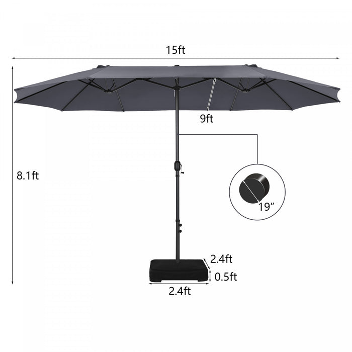 Costway 15FT Double-Sided Twin Patio Umbrella Sun Shade Outdoor Crank Market Base Grey