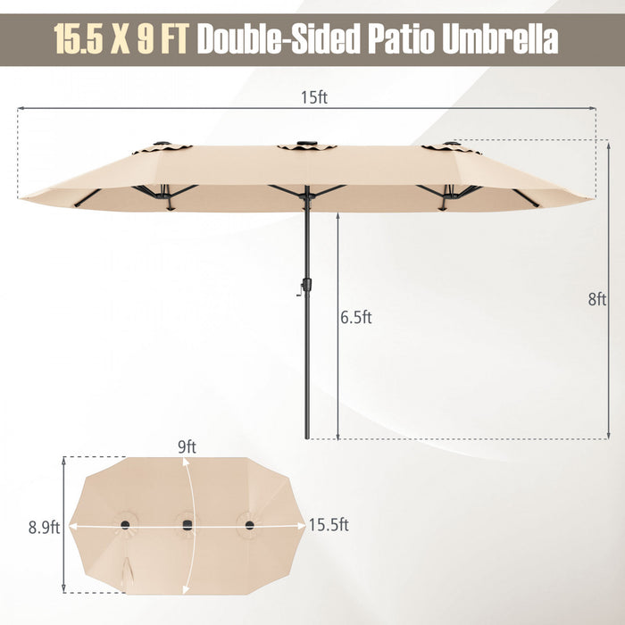 Costway 15.5 FT Extra-Large Patio Umbrella with LED Solar Lights & 12 Heavy-Duty Ribs Beige