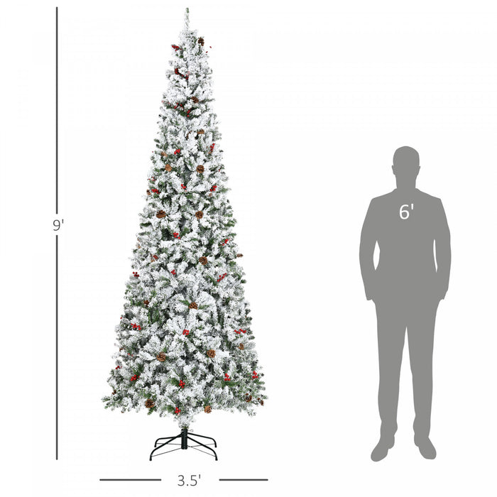 Homcom 9ft Snow Artificial Christmas Tree With Pine Cone, Red Berry
