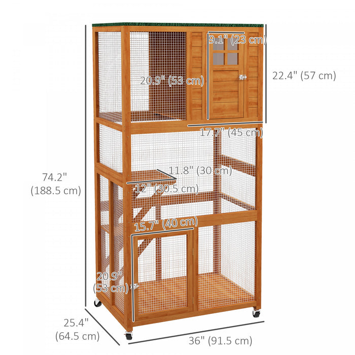 Pawhut 74\" Wooden Outdoor Cat House Weatherproof & Wheeled, Catio Outdoor Cat Enclosure With High Weight Capacity, Kitten Cage Condo, Orange