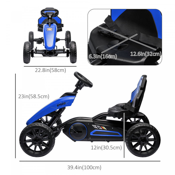 Aosom Pedal Go Kart For Kids, Pedal Powered Ride-On Car With Swing Axle, Adjustable Bucket, Handbrake, 4 Eva Wheels Powered Ride, Indoor Foot Racer, For 3-8 Years Old, Blue