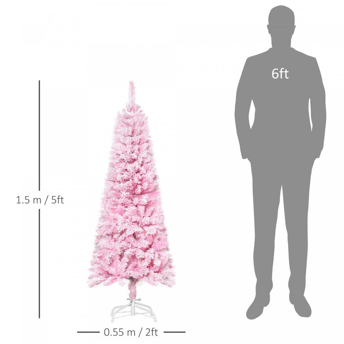 Homcom Snow Flocked Pencil Artificial Christmas Tree With Steel Base Pink