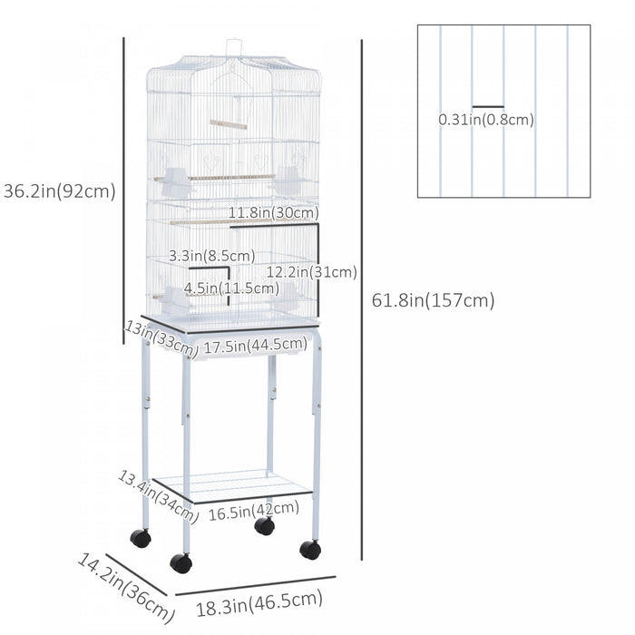 Pawhut 62\" Bird Cage Budgie Cage With Wheels, Detachable Stand, Storage, White