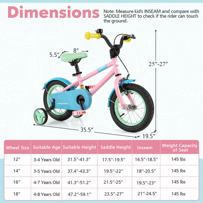 Costway 12\" Kids Bike With Adjustable Saddle Handlebar Removable Training Wheels Handbrake Pink