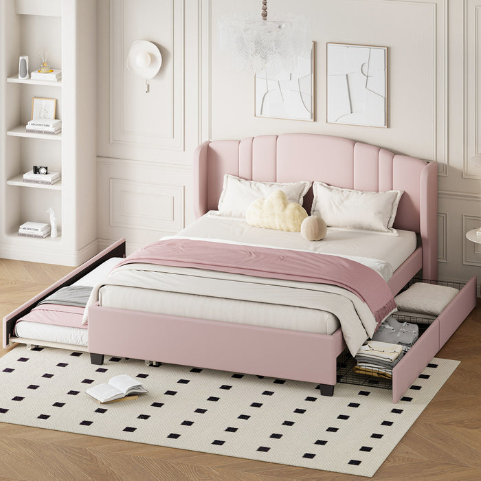 Jean Upholstered Platform Bed with Wingback Headboard and Storage Drawers,Queen Size,Pink Queen Bed