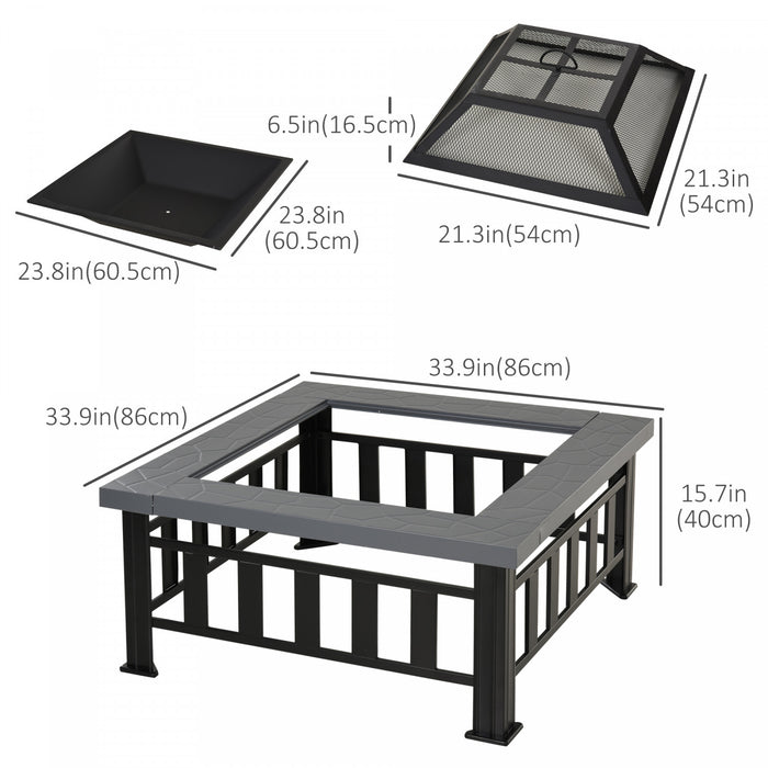 Outsunny 34\" Outdoor Square Firepit Steel Stove Portable With Spark Screen Cover Log Grate Poker And Rain Cover For Outside Wood Burning And Camping Black