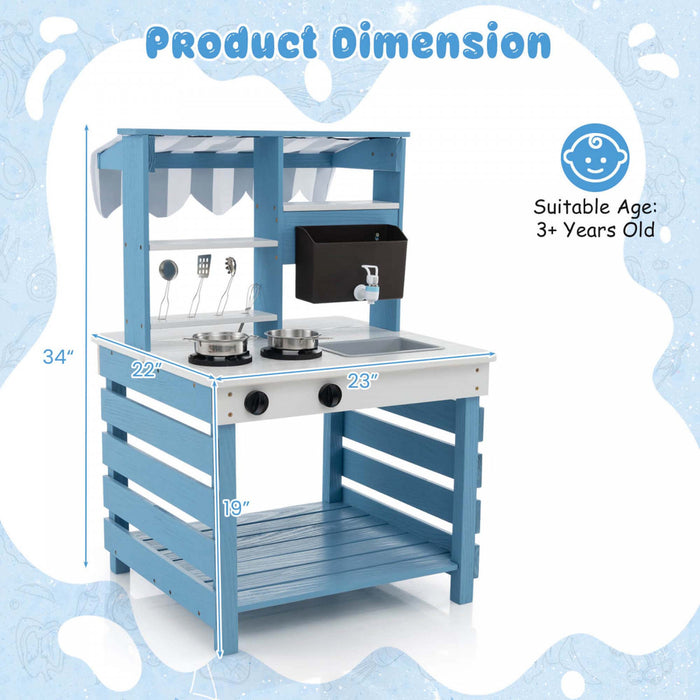 Costway 2-in-1 Wooden Mud Kitchen With Canopy Removable Sink Water Box Faucet Sound Effect