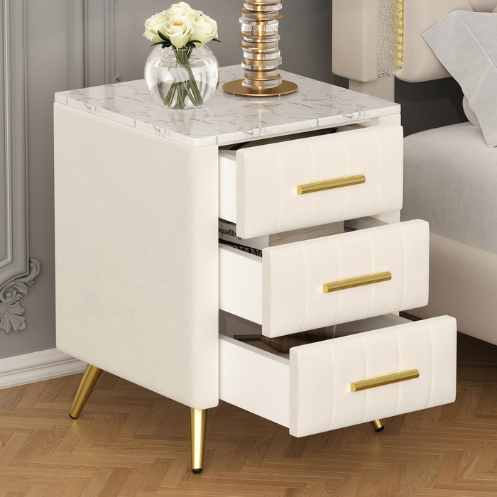 Dylan Upholstered Wooden Nightstand with 3 Drawers and Metal Legs,Beige