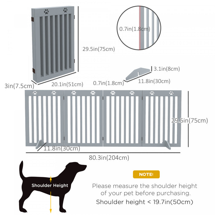 Pawhut Freestanding Pet Gate 4 Panel Dog Barrier Folding Safety Fence With Support Feet Up To 80.25\" Long 29.5\" Tall For Doorway Stairs Black Light Grey