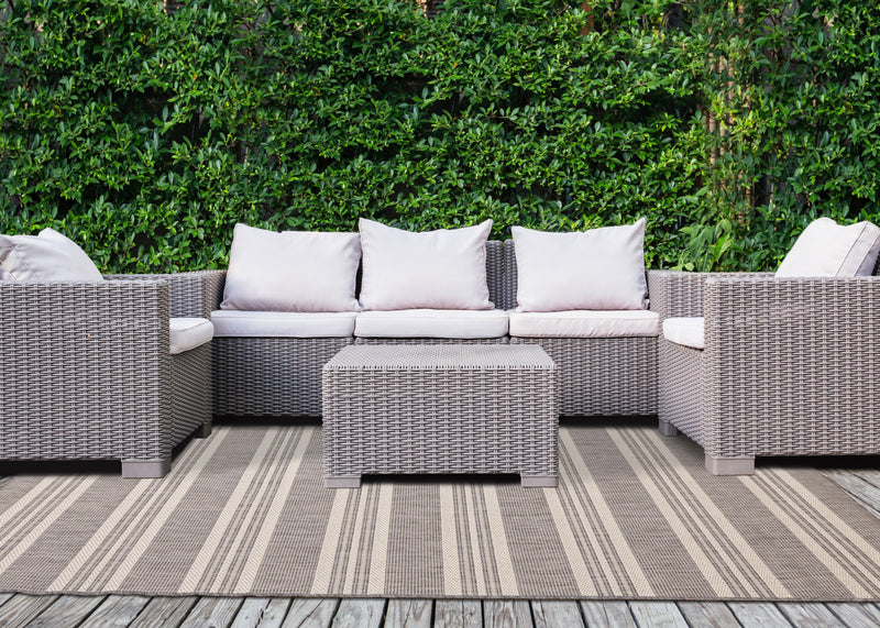Jackson Cream Taupe Banded Stripes Rug, 7'10\" 10'6\" Outdoor Area Rug