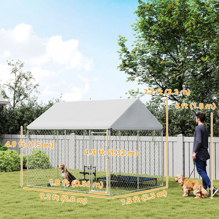 PawHut Outdoor Dog Kennel with Roof, Heavy Duty Galvanized Steel Dog Run Chain Link w/ Waterproof UV-Resistant Cover, Safety Lockable Latch System, 9.2' x 7.5' x 7.2'