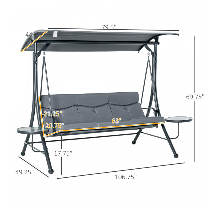 Outsunny 3 Seat Outdoor Swing Chair Steel Swing Bench Porch Swing With Adjustable Canopy, Coffee Tables And Cushion For Patio Garden, Dark Grey