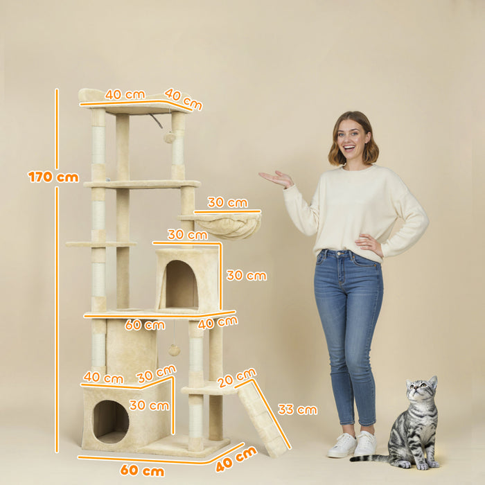PawHut Cat Tree, 67\" Large Cat Tower for Indoor Kittens Multi-Level with 7 Scratching Posts, Tunnel, 2 Plush Condos, Hammock, Perch, Ramp, Pompoms, Beige
