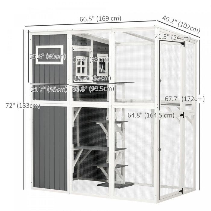 Pawhut Wooden Cat Catio, Outdoor Cat House, Cat Enclosure With Plastic Weather Protection Roof, Multiple Platforms, Resting Condo, Window, Lockable Doors, For 2 Cats