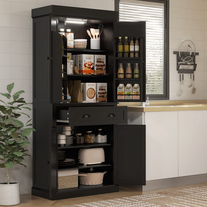 HOMCOM 71\" Kitchen Pantry Cabinet with Spice Racks and LED Lights, Black