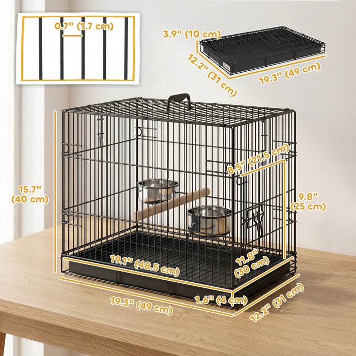 PawHut Foldable Bird Cage, Metal Bird Travel Carrier Cage with Wood Perch, Food Bowls, Slide-Out Tray and Handle for Canaries, Finches, Lovebirds, Parakeets, Black