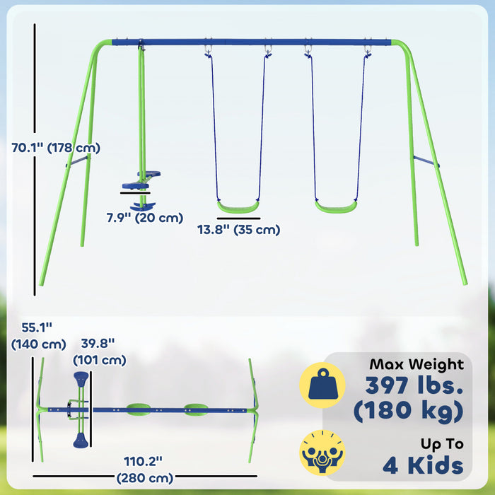 Outsunny 3 in 1 Metal Swing Set with Double Swings, Glider, Kids Swing Set for Backyard, Outdoor, Playground, Green