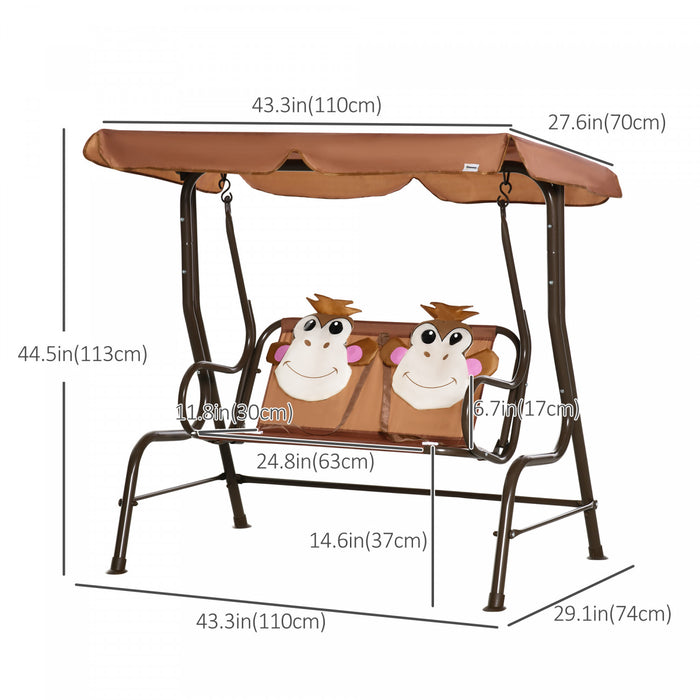 Outsunny 2-seat Kids Porch Swing Chair, Children Outdoor Patio Furniture Lounge Chair For Garden, With Adjustable Canopy, Seat Belt, Monkey Pattern, For 3-6 Years Old, Coffee