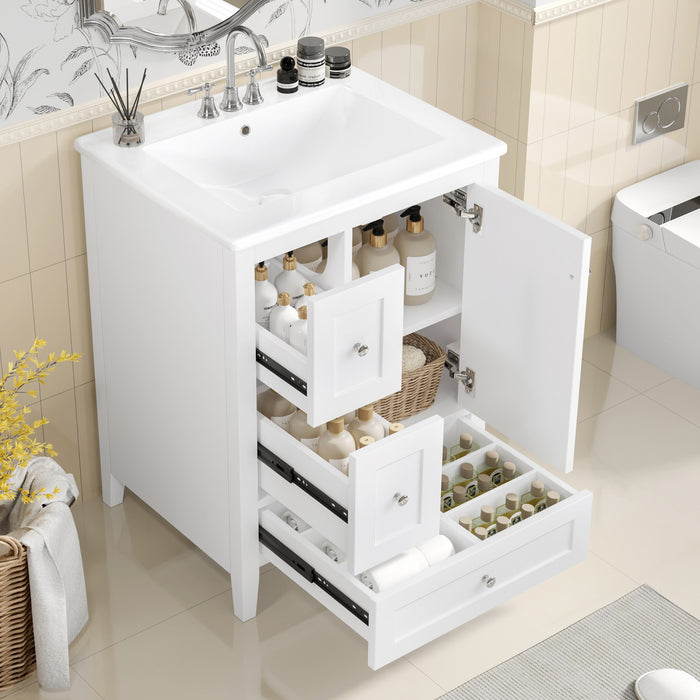 Mia 24\" Bathroom Vanity with Ceramic Sink and Multi-Drawer Storage, White