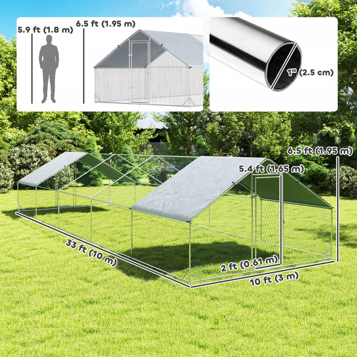 PawHut Metal Chicken Coop, Walk-in Large Chicken Run Outdoor, Poultry Cage for 30-40 Hens, Duck, Rabbit with Water- and UV-Protection Cover, for Backyard, Garden, 32.8'x9.8'x6.4'