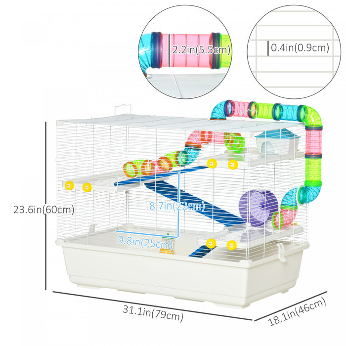 Pawhut 31\" Large Hamster Cage, Small Animal House, Multi-storey Gerbil Haven, Tunnel Tube System, With Water Bottle, Exercise Wheel, Food Dish, Ramps, White