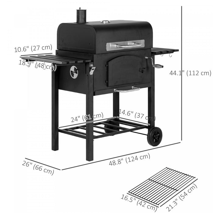 Outsunny Charcoal Smoker, BBQ with Adjustable Height, Portable Barbecue with Folding Shelves, Thermometer, Bottle Opener & Wheels for Outdoor Camping, Picnic, Backyard, Black