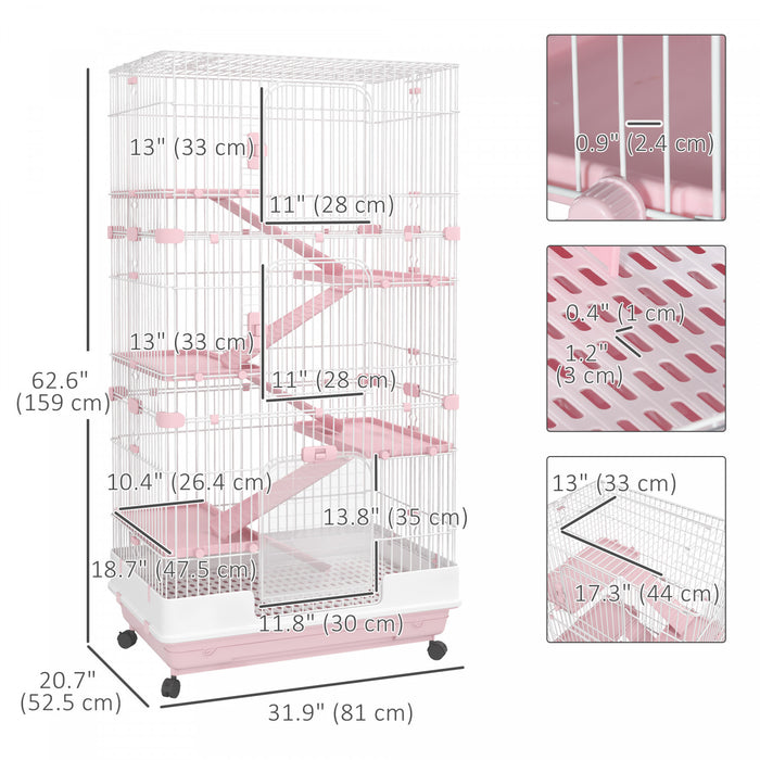 Pawhut 63\"h 6-level Small Animal Cage Rabbit Hutch With Universal Lockable Wheels, Slide-out Tray For Bunny, Chinchillas, Ferret, Pink