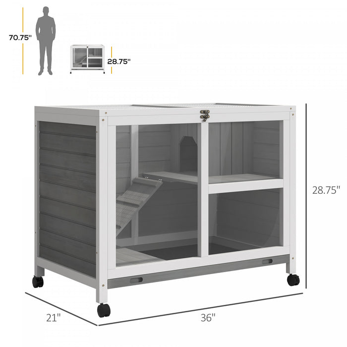 Pawhut Indoor Rabbit Hutch With Wheels, Bunny Cage Guinea Pig House Small Animals Habitat W/ Top Access, Ramp, Pull Out Tray, Grey