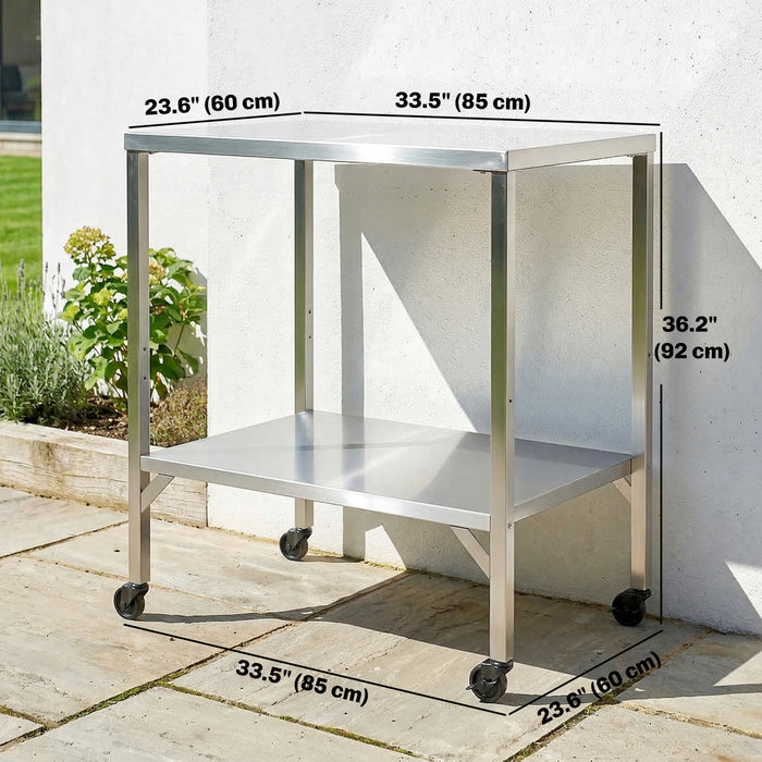 Outsunny Outdoor Grill Cart with Stainless Steel Tabletop, Pizza Oven Stand with Shelf, Lockable Wheels, Rolling BBQ Table, Metal Kitchen Cart Island, Silver