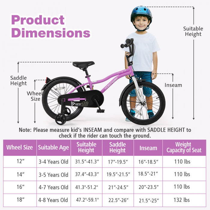 Costway 18\" Kids Bike For 4-8 Years Old Boys & Girls With Adjustable Seat Handbrake Reflectors Purple
