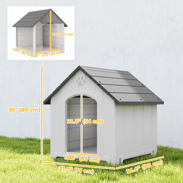 PawHut Large Plastic Dog House Outdoor Indoor, Water Resistant Puppy Shelter with Base Support, Air Vents, Elevated Floor, for Medium Large Pets, 34.6\" L x 31.1\" W x 35\" H