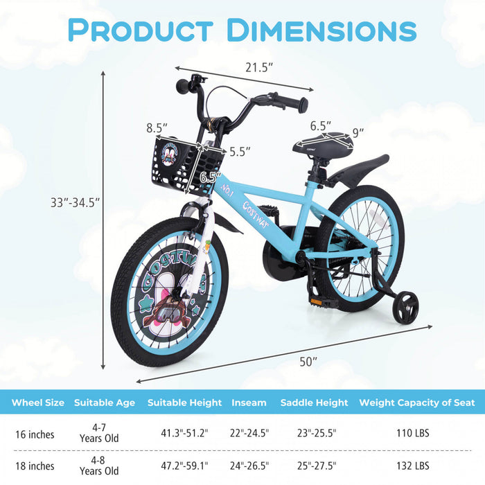 Costway 18\" Kid's Bike For 4-8 With Height-adjustable Handlebar & Saddle Handbrake Blue