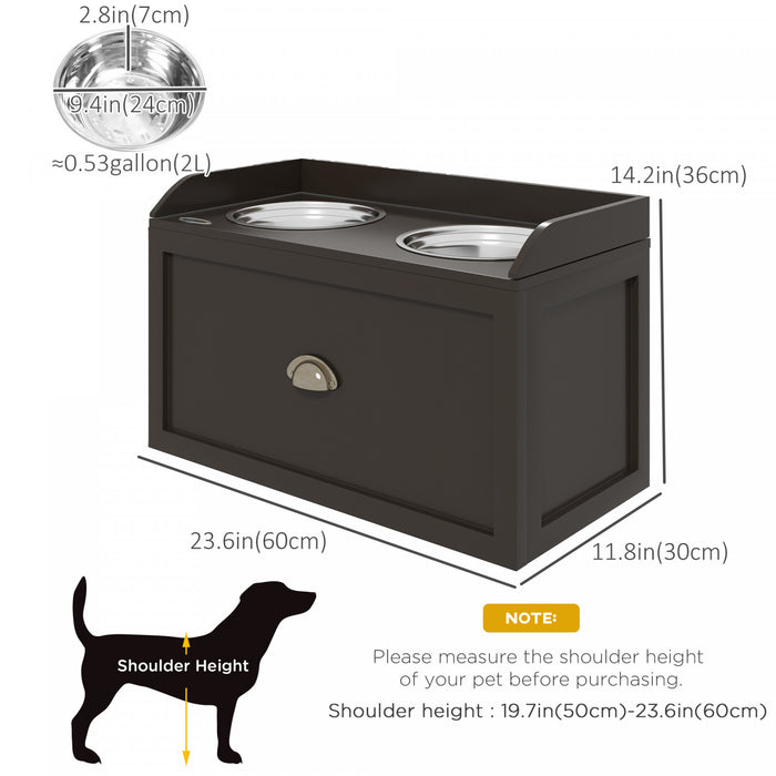 Pawhut Elevated Dog Bowls For Large Dogs, Raised Pet Feeding Station With 2 Stainless Steel Bowls, Hidden Storage Drawer, Wood Stand For Cats, Brown