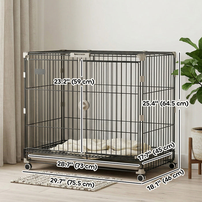 PawHut Dog Crate, 30 Inch Metal Dog Cage with Removable Tray, Lockable Wheels, 2 Doors for Small Medium Breeds, Black