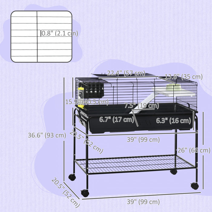 PawHut Small Animal Cage, 36.5\" Rolling Guinea Pig Cage with Detachable Stand, Water Dispenser, Food Dish, Ramp, Wheels, for Rabbit, Bunny, Ferret, Chinchilla, Dark Grey