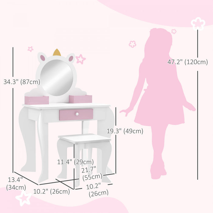 Qaba Kids Vanity Set With Mirror And Stool, Makeup Vanity Table For Children 3-6 Years Old, With Drawer Storage Boxes, Unicorn-design