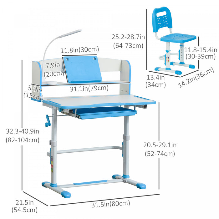 Qaba Kids Desk And Chair Set Height Adjustable Student Writing Desk Children School Study Table With Led Lamp, Bookshelf, Drawer, Reading Board, Pen Slot, Hook, Blue