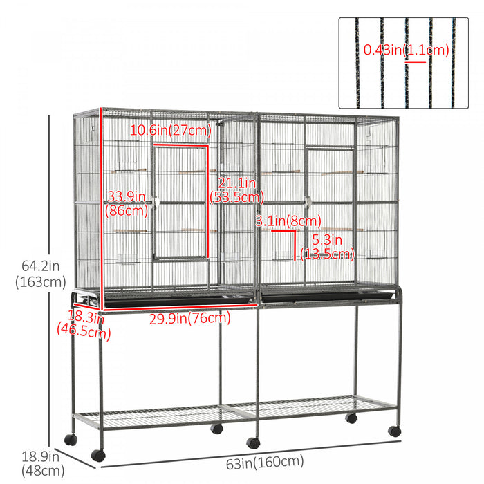 Pawhut 64\" Extra Large Bird Cage, Rolling Metal Parrot Cage, Bird House With Detachable Rolling Stand, Storage Shelf, Wood Perch, Food Container, 62.8\" X 18.9\" X 64.2\"