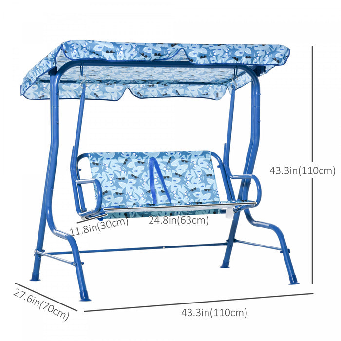 Outsunny 2-seat Kids Porch Swing Chair, Children Outdoor Patio Furniture Lounge Chair For Garden, With Adjustable Canopy, Seat Belt, Shark Pattern, For 3-6 Years Old, Blue