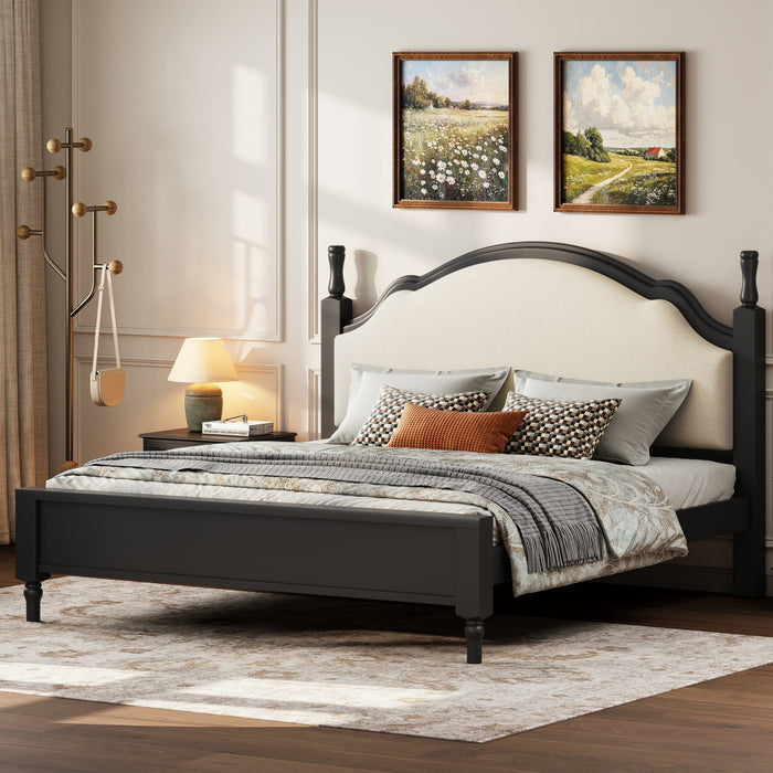 Miles Queen Size Wood Platform Bed with Curved Upholstered Headboard, Black