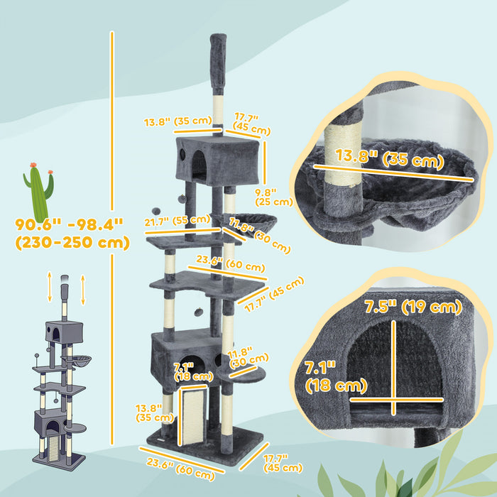 PawHut Floor to Ceiling Cat Tree, 230-250cm Adjustable Tall Cat Climbing Tower with 2 Condos, Hammock and Sisal Scratching Posts, for Indoor, Multi-Level Activity Centre, Dark Grey