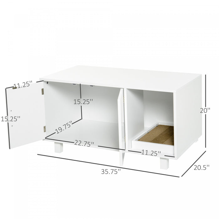 Pawhut Wooden Cat Washroom Pet Litter Box Enclosure Kitten House Nightstand End Table With Scratcher Magnetic Doors White