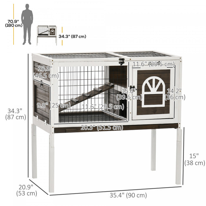 PawHut Rabbit Hutch, Indoor Elevated Bunny Cage with Run, Ladder, Slide-Out Tray and Lockable Doors, Rabbit House Guinea Pig Cage with Dual-Height Design, Coffee