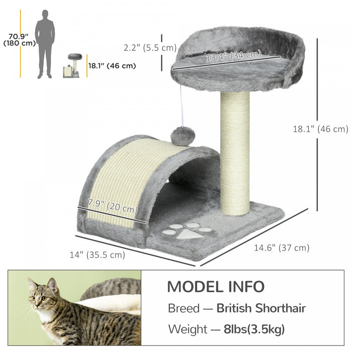 Pawhut 18\" Cat Scratching Tree Kitty House Kitten Activity Centre Pet Bed Post Furniture With Hanging Toy (grey)
