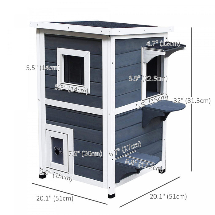 Pawhut 2 Story Outdoor Cat House, Outdoor Cat Enclosure Wooden Cat Shelter With Windows, Platforms, Openable Top, Asphalt Roof, Grey